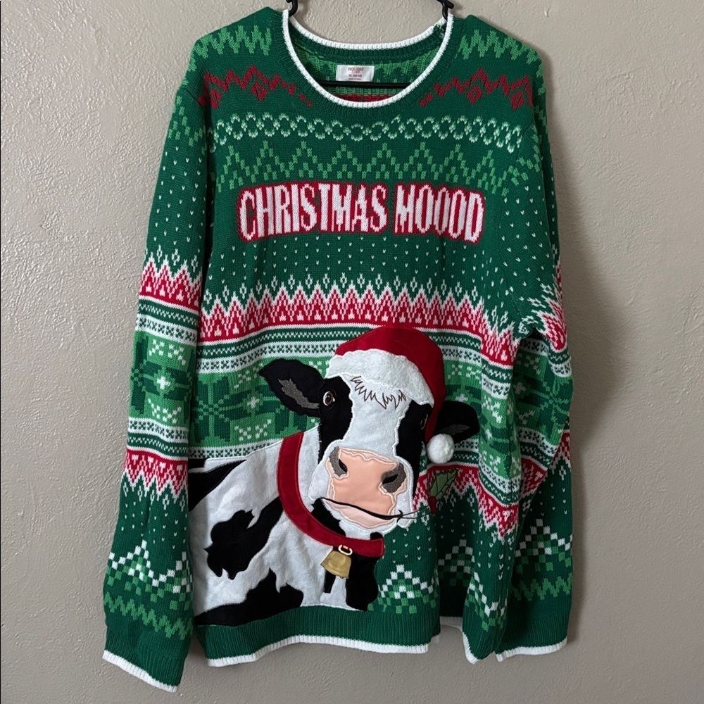 Ugly Christmas Sweater Holiday Time Moo Cow Bell Mens XL Green (46-48)